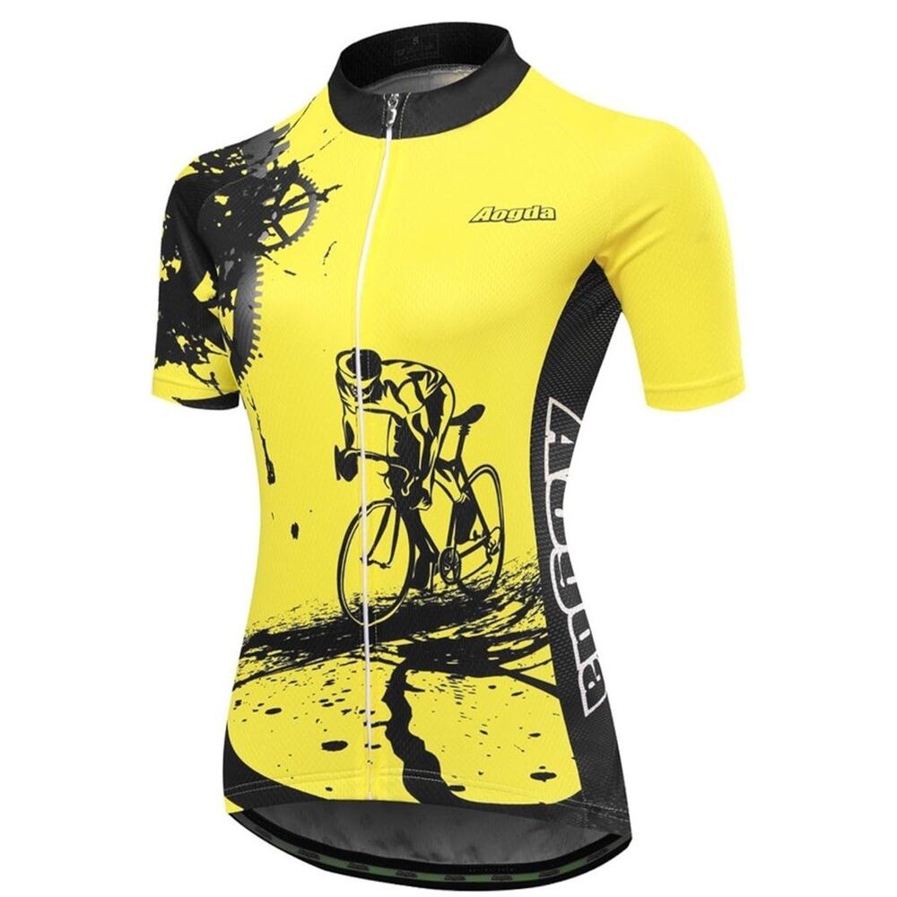 Aogda Cycling Jersey Womens Plus 3XL Black Yellow Zip Reflective 3 Stow‎ Pockets
